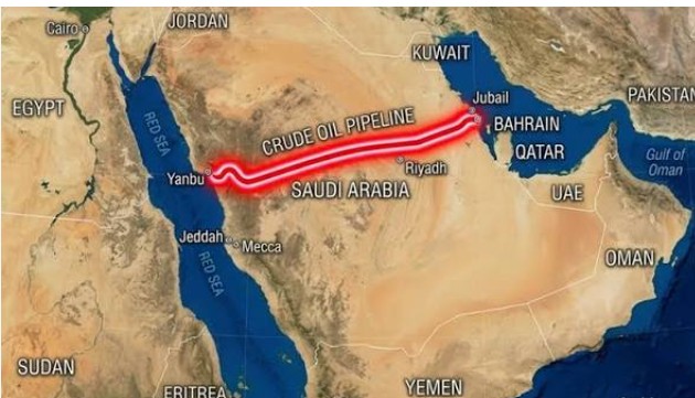 Mapa del oleoducto Este-Oeste de Arabia Saudita, de Yanbu a Jubail