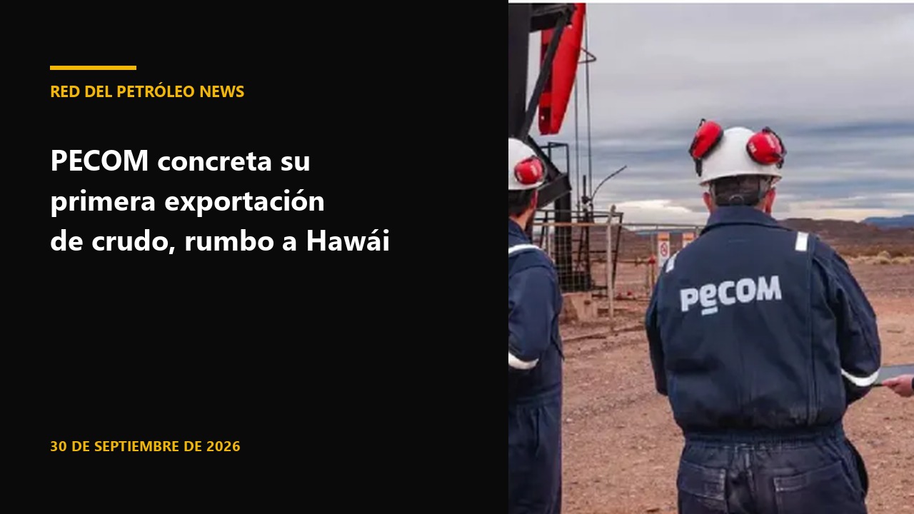 Operarios de PECOM frente a un equipo de bombeo en un yacimiento petrolero