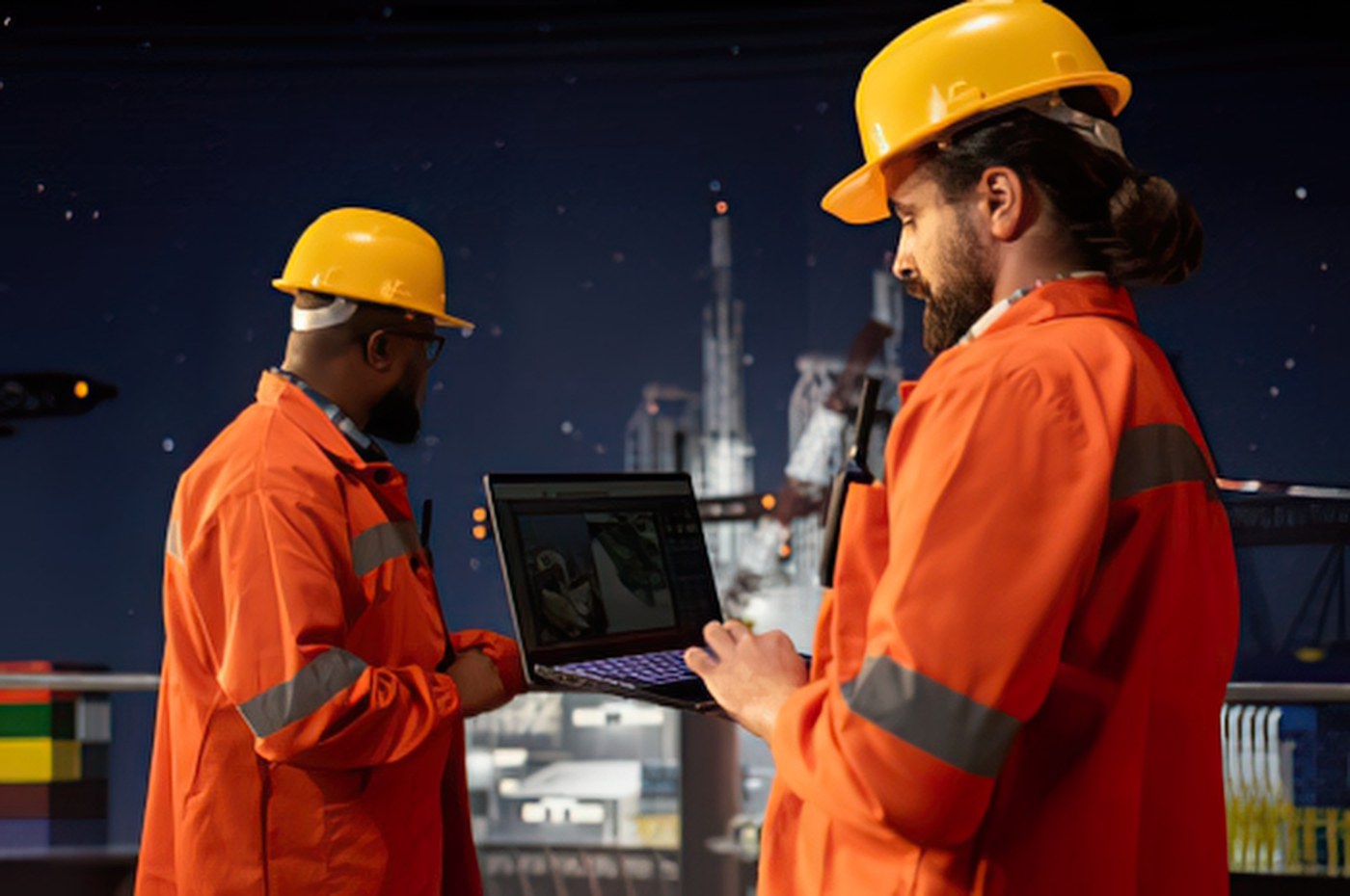 Ingenieros revisando datos de producción en una notebook durante la noche, con una torre de perforación de fondo